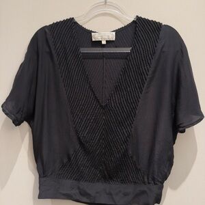 Beyond Vintage - Black Beaded V-Neck Blouse Embellished Black Beads Size XS